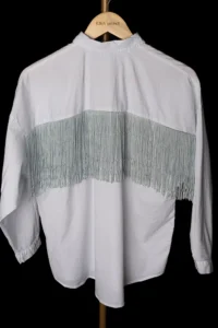 White shirt with blue fringes